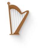 A brown harp with strings on a black background.